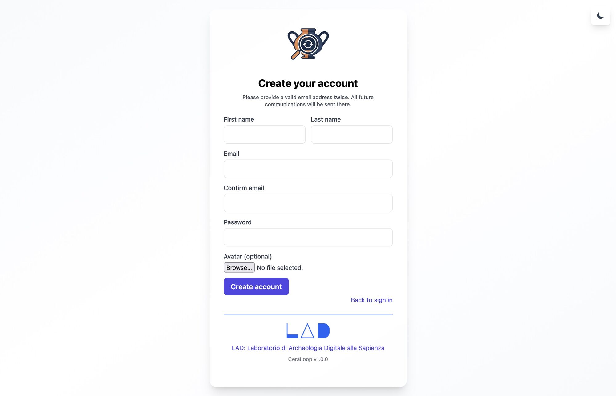 09 CeraLoop: pagina di creazione di un nuovo account